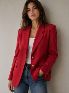 Authentic Burberry Vintage Red Wool Blazer Gold Button Designer Jacket